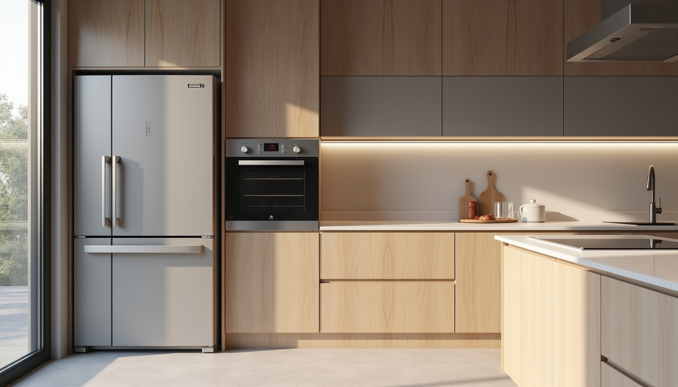 Frigo et congélateur encastrés dans une cuisine moderne avec façades personnalisées