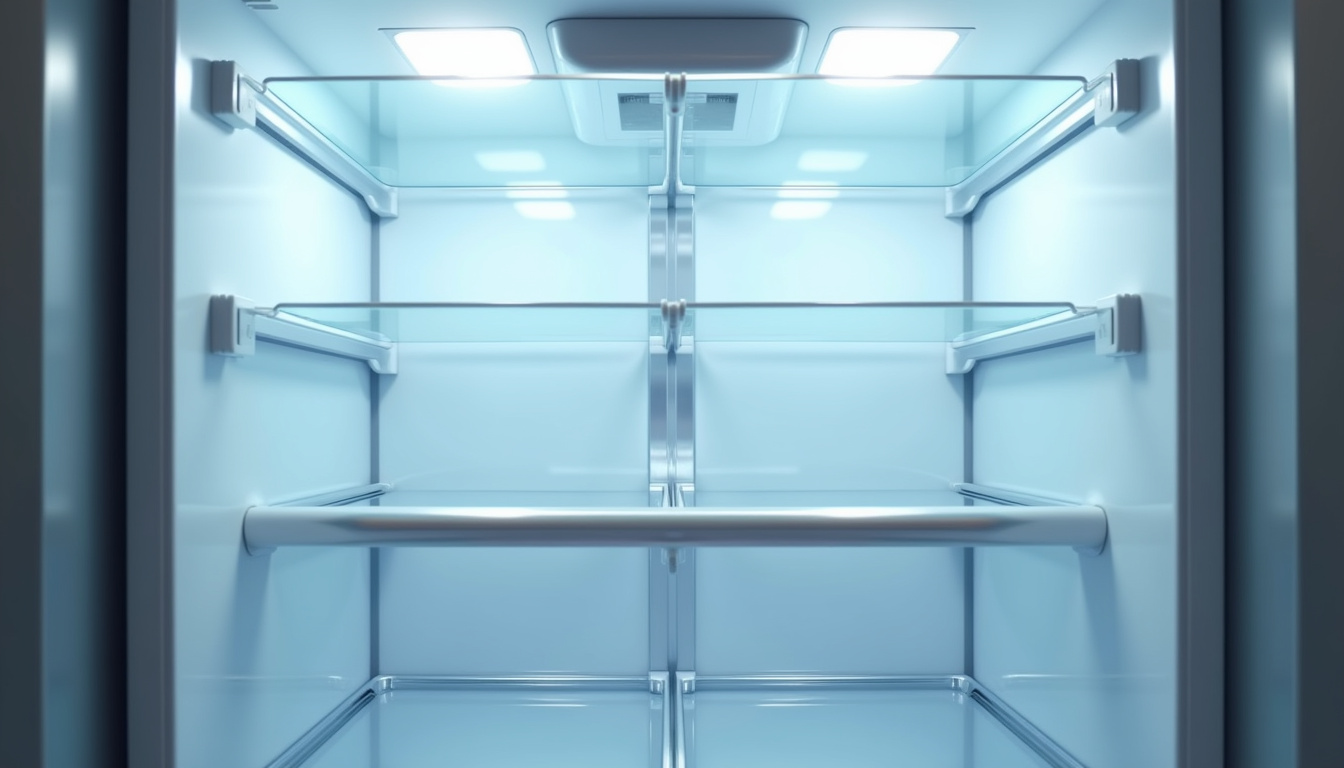 Intérieur d'un frigo congélateur encastrable avec éclairage LED et clayettes en verre