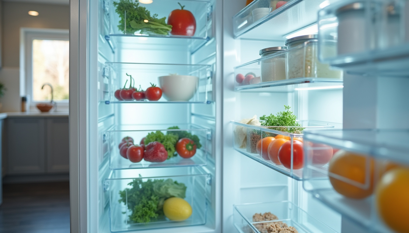 Intérieur d’un frigo encastrable montrant les compartiments et tiroirs