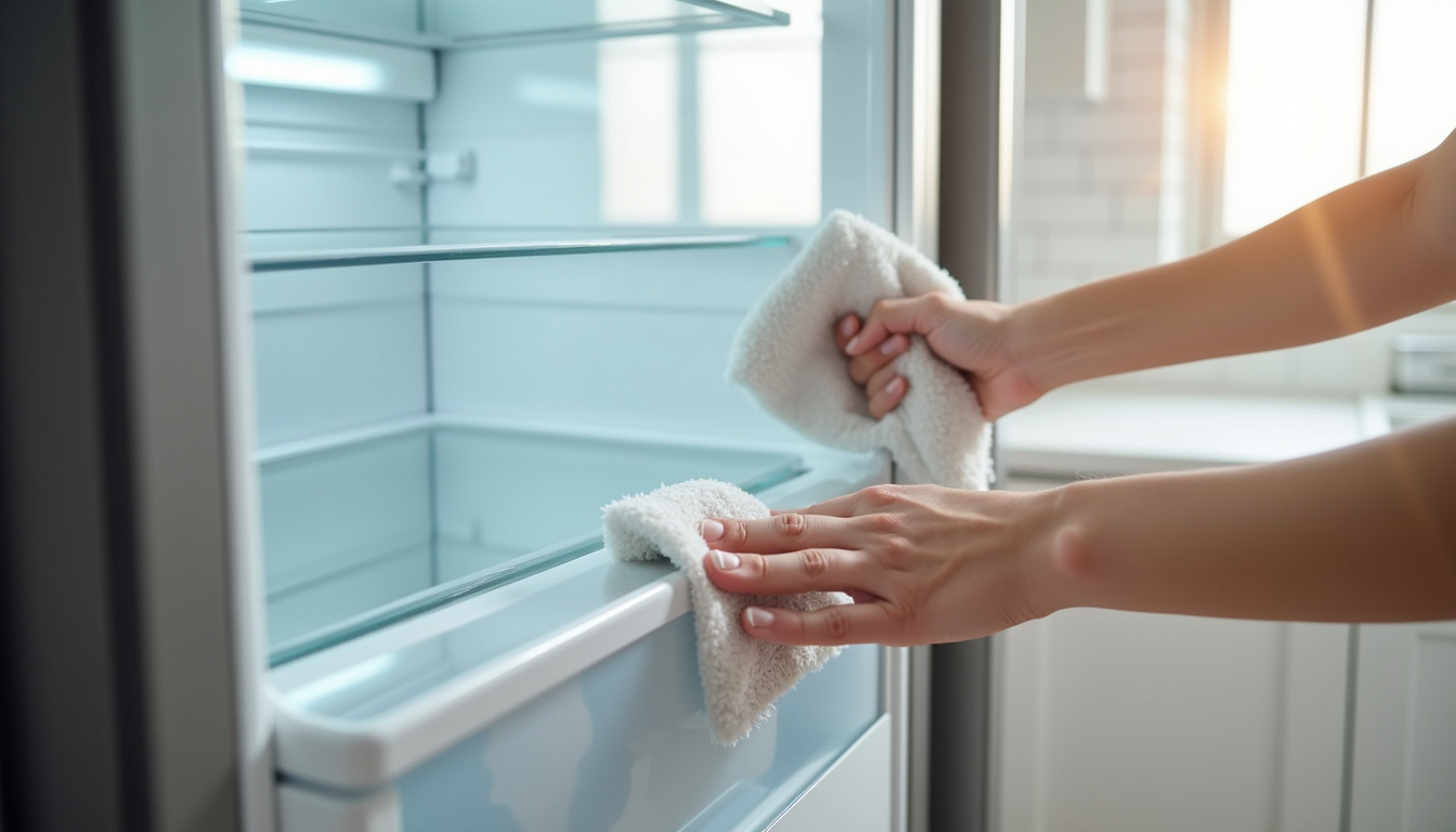 Nettoyage des clayettes et joints d’un frigo congélateur encastrable avec un chiffon humide